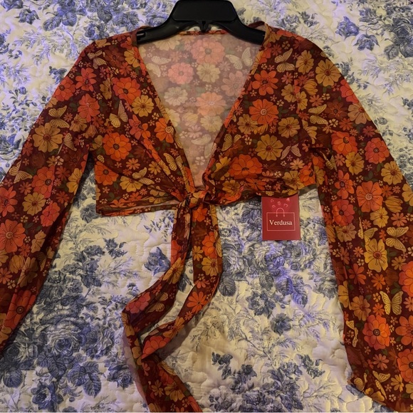 Floral Tie-Front Chiffon Top - Orange and Brown - Picture 5 of 8